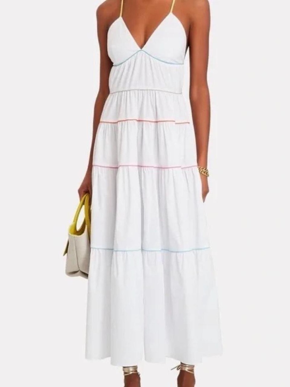 STAUD White Tiered Maxi Dress with Color-Trim Spaghetti Straps